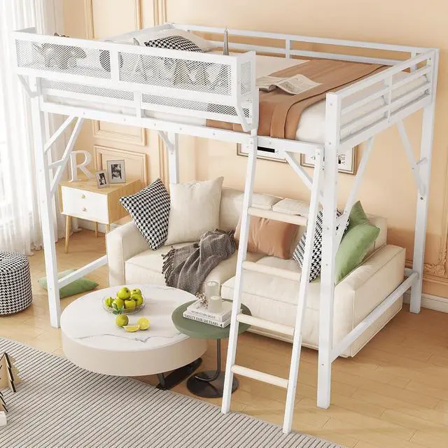Alt view image 4 of 7 - Queen Size Loft Bed with Stairs, Metal High Loft Bed with Storage Shelf, Full-Length Guardrail for Kids Teens Small Space Bedroom Guest Room, White