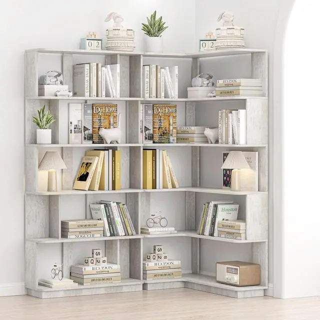 Alt view image 7 of 7 - 5 Tier Bookshelf with Side Panels, 64.56" Wooden Bookcase with Round Edge, Open Storage Display Shelving for Living Room Home Office Bedroom Decor Organizer, Media Storage Shelves, Light Gray