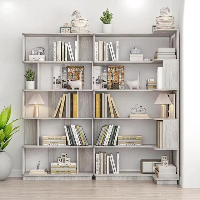 Alt view image 6 of 7 - 5 Tier Bookshelf with Side Panels, 64.56" Wooden Bookcase with Round Edge, Open Storage Display Shelving for Living Room Home Office Bedroom Decor Organizer, Media Storage Shelves, Light Gray