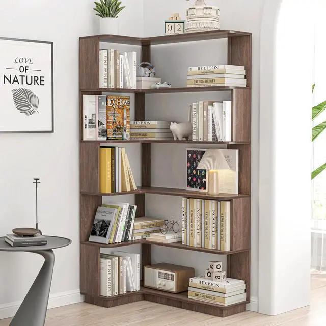 Main image of 5 Tier Corner Bookshelf with Side Panels, 64.56" L Shaped Wood Bookcase with Round Edge, Left Corner Display Shelving for Living Room Office Bedroom Decor Organizer, Media Storage Shelves, Dark Brown