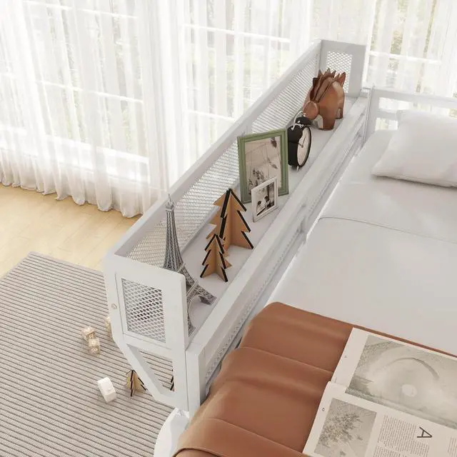 Alt view image 5 of 7 - Queen Size Loft Bed with Stairs, Metal High Loft Bed with Storage Shelf, Full-Length Guardrail for Kids Teens Small Space Bedroom Guest Room, White