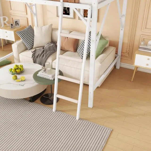 Alt view image 6 of 7 - Queen Size Loft Bed with Stairs, Metal High Loft Bed with Storage Shelf, Full-Length Guardrail for Kids Teens Small Space Bedroom Guest Room, White
