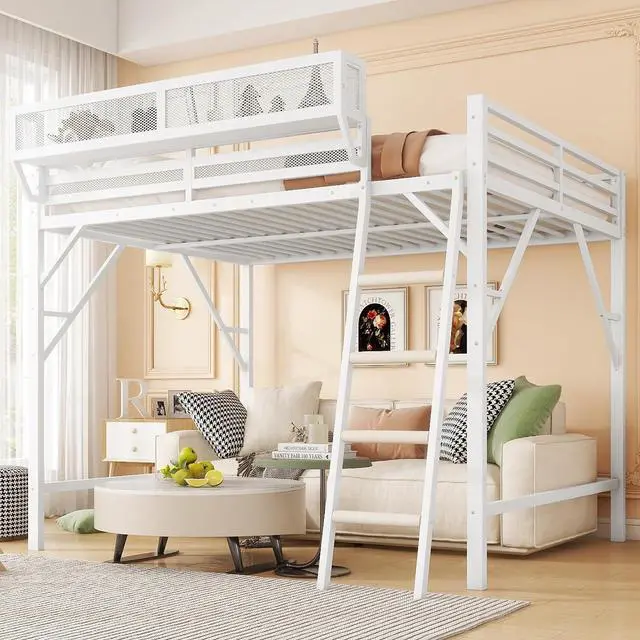 Main image of Full Size Loft Bed with Stairs, Metal High Loft Bed with Storage Shelf, Full-Length Guardrail for Kids Teens Small Space Bedroom Guest Room, White