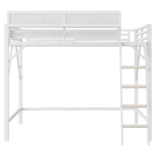 Alt view image 7 of 7 - Queen Size Loft Bed with Stairs, Metal High Loft Bed with Storage Shelf, Full-Length Guardrail for Kids Teens Small Space Bedroom Guest Room, White