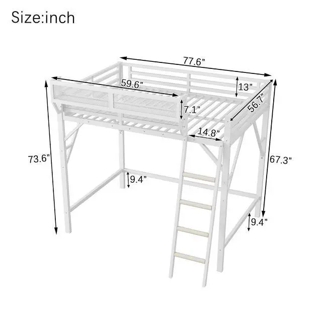 Alt view image 2 of 7 - Full Size Loft Bed with Stairs, Metal High Loft Bed with Storage Shelf, Full-Length Guardrail for Kids Teens Small Space Bedroom Guest Room, White
