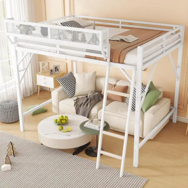 Alt view image 4 of 7 - Full Size Loft Bed with Stairs, Metal High Loft Bed with Storage Shelf, Full-Length Guardrail for Kids Teens Small Space Bedroom Guest Room, White