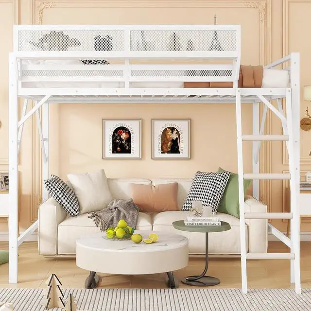 Alt view image 3 of 7 - Full Size Loft Bed with Stairs, Metal High Loft Bed with Storage Shelf, Full-Length Guardrail for Kids Teens Small Space Bedroom Guest Room, White