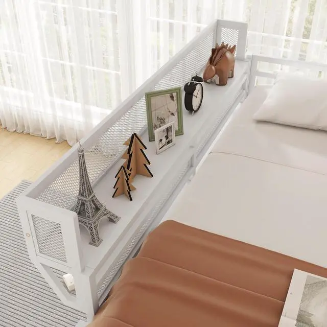 Alt view image 5 of 7 - Full Size Loft Bed with Stairs, Metal High Loft Bed with Storage Shelf, Full-Length Guardrail for Kids Teens Small Space Bedroom Guest Room, White