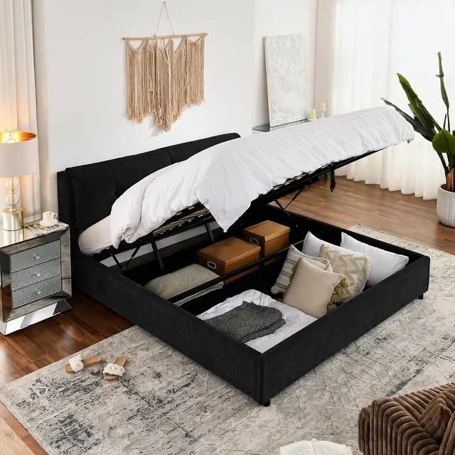 Alt view image 4 of 7 - King Lift Up Storage Bed Frame, Chenille Upholstered Hydraulic Bed with Tufted Headboard, Soft Platform Cloud Bed with Storage Underneath, Strong Wooden Slats Support, Black