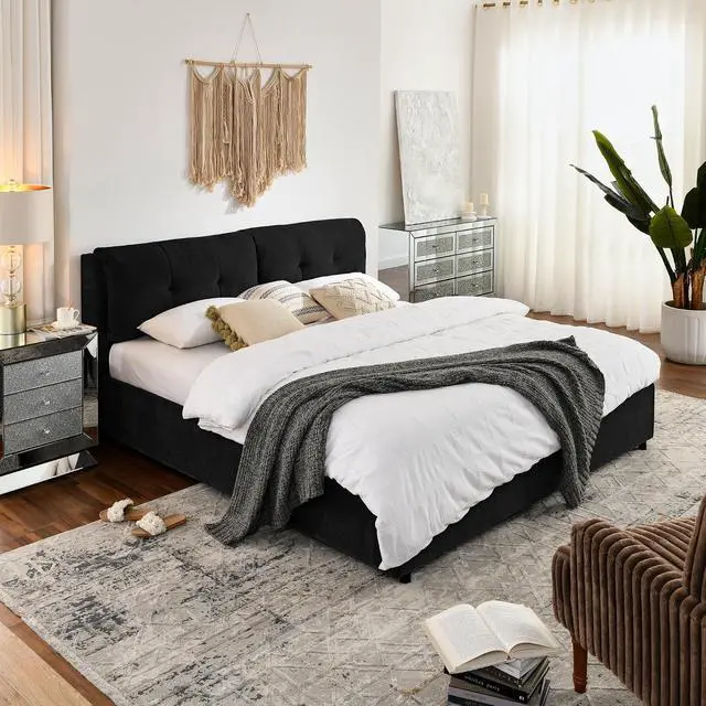 Alt view image 3 of 7 - King Lift Up Storage Bed Frame, Chenille Upholstered Hydraulic Bed with Tufted Headboard, Soft Platform Cloud Bed with Storage Underneath, Strong Wooden Slats Support, Black