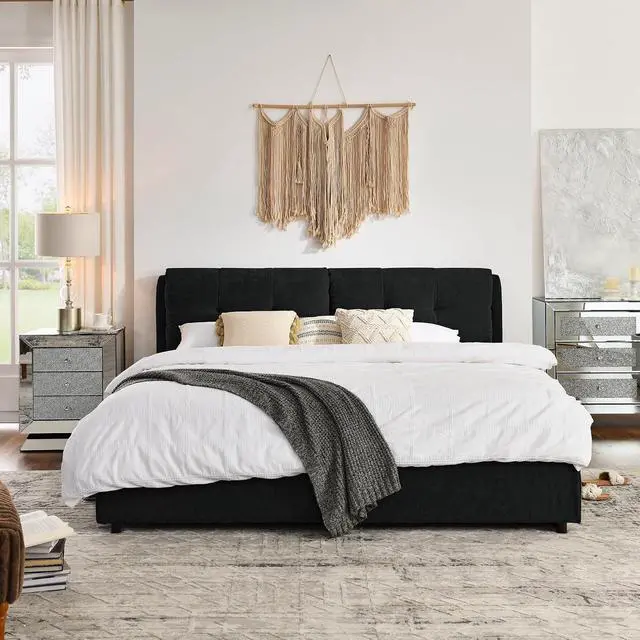 Alt view image 5 of 7 - King Lift Up Storage Bed Frame, Chenille Upholstered Hydraulic Bed with Tufted Headboard, Soft Platform Cloud Bed with Storage Underneath, Strong Wooden Slats Support, Black