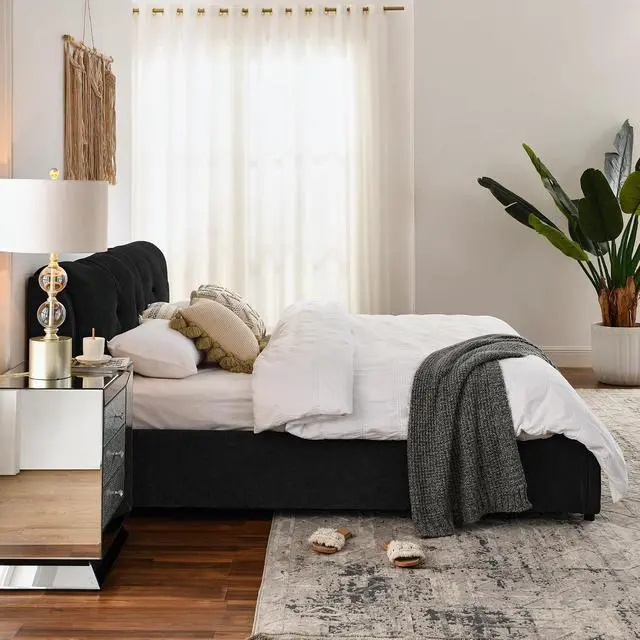 Alt view image 6 of 7 - King Lift Up Storage Bed Frame, Chenille Upholstered Hydraulic Bed with Tufted Headboard, Soft Platform Cloud Bed with Storage Underneath, Strong Wooden Slats Support, Black
