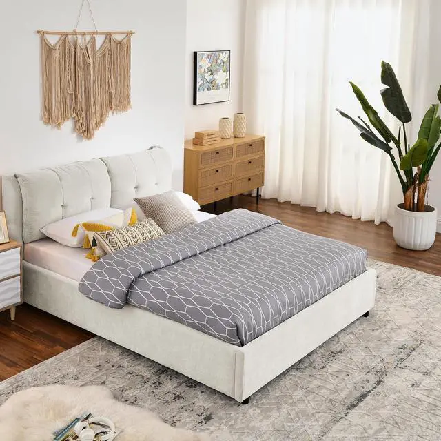 Alt view image 3 of 7 - Queen Lift Up Storage Bed Frame, Chenille Upholstered Hydraulic Bed with Tufted Headboard, Soft Platform Cloud Bed with Storage Underneath, Strong Wooden Slats Support, Beige