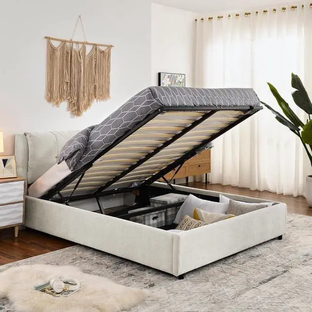 Alt view image 4 of 7 - Queen Lift Up Storage Bed Frame, Chenille Upholstered Hydraulic Bed with Tufted Headboard, Soft Platform Cloud Bed with Storage Underneath, Strong Wooden Slats Support, Beige