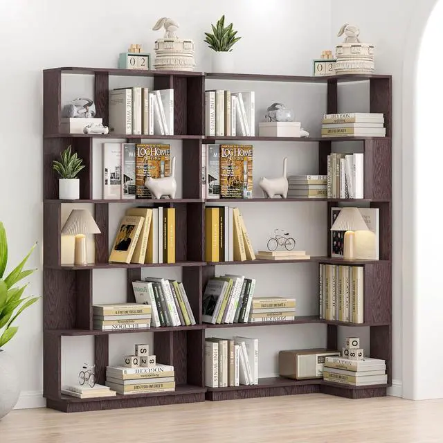 Alt view image 7 of 7 - 5 Tier Bookshelf with Side Panels, 64.56" Wooden Bookcase with Round Edge, Open Storage Display Shelving for Living Room Home Office Bedroom Decor Organizer, Media Storage Shelves, Ox Blood Red