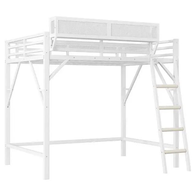 Alt view image 7 of 7 - Full Size Loft Bed with Stairs, Metal High Loft Bed with Storage Shelf, Full-Length Guardrail for Kids Teens Small Space Bedroom Guest Room, White