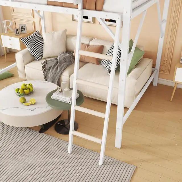 Alt view image 6 of 7 - Full Size Loft Bed with Stairs, Metal High Loft Bed with Storage Shelf, Full-Length Guardrail for Kids Teens Small Space Bedroom Guest Room, White