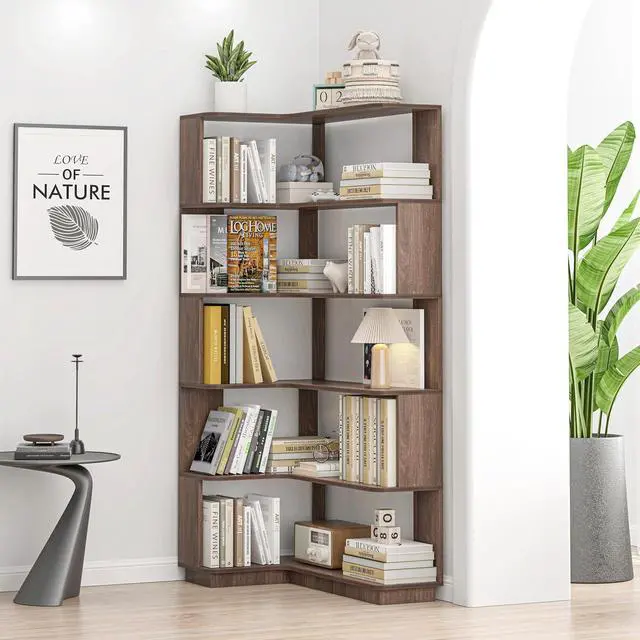 Alt view image 3 of 7 - 5 Tier Corner Bookshelf with Side Panels, 64.56" L Shaped Wood Bookcase with Round Edge, Left Corner Display Shelving for Living Room Office Bedroom Decor Organizer, Media Storage Shelves, Dark Brown