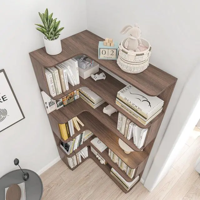 Alt view image 4 of 7 - 5 Tier Corner Bookshelf with Side Panels, 64.56" L Shaped Wood Bookcase with Round Edge, Left Corner Display Shelving for Living Room Office Bedroom Decor Organizer, Media Storage Shelves, Dark Brown