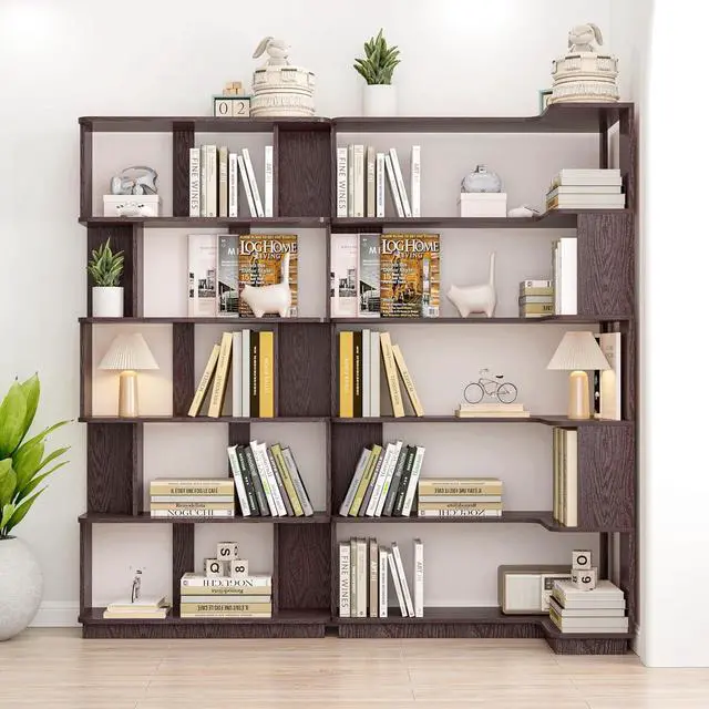 Alt view image 6 of 7 - 5 Tier Corner Bookshelf with Side Panels, 64.56" L Shaped Wood Bookcase with Round Edge, Left Corner Display Shelving for Living Room Office Bedroom Decor Organizer, Media Storage Shelves, Dark Brown