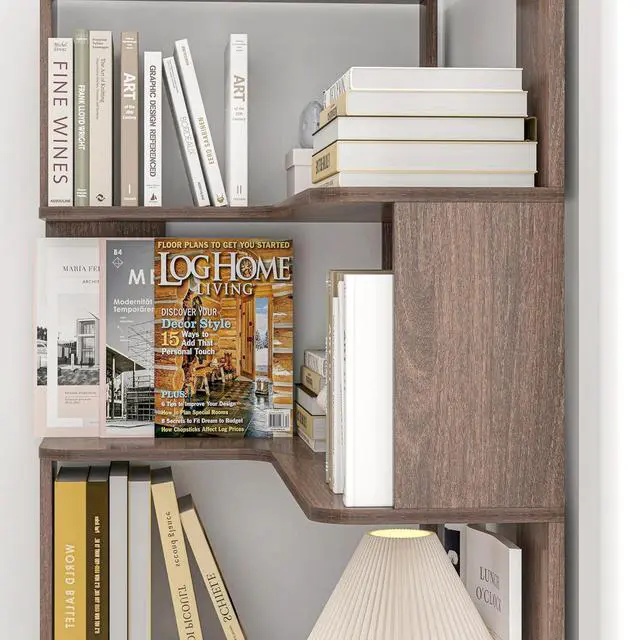 Alt view image 7 of 7 - 5 Tier Corner Bookshelf with Side Panels, 64.56" L Shaped Wood Bookcase with Round Edge, Left Corner Display Shelving for Living Room Office Bedroom Decor Organizer, Media Storage Shelves, Dark Brown