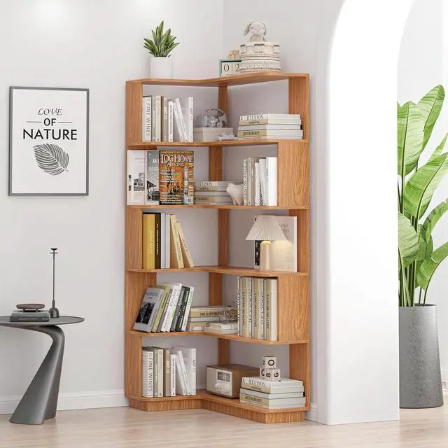 Alt view image 3 of 7 - 5 Tier Corner Bookshelf with Side Panels, 64.56" L Shaped Wood Bookcase with Round Edge, Left Corner Display Shelf for Living Room Office Bedroom Decor Organizer, Media Storage Shelves, Dark Oak