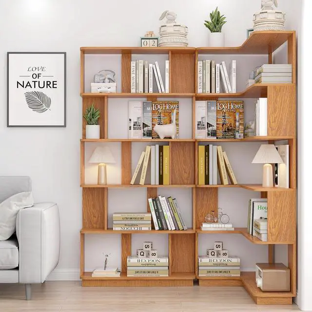 Alt view image 5 of 7 - 5 Tier Corner Bookshelf with Side Panels, 64.56" L Shaped Wood Bookcase with Round Edge, Left Corner Display Shelf for Living Room Office Bedroom Decor Organizer, Media Storage Shelves, Dark Oak