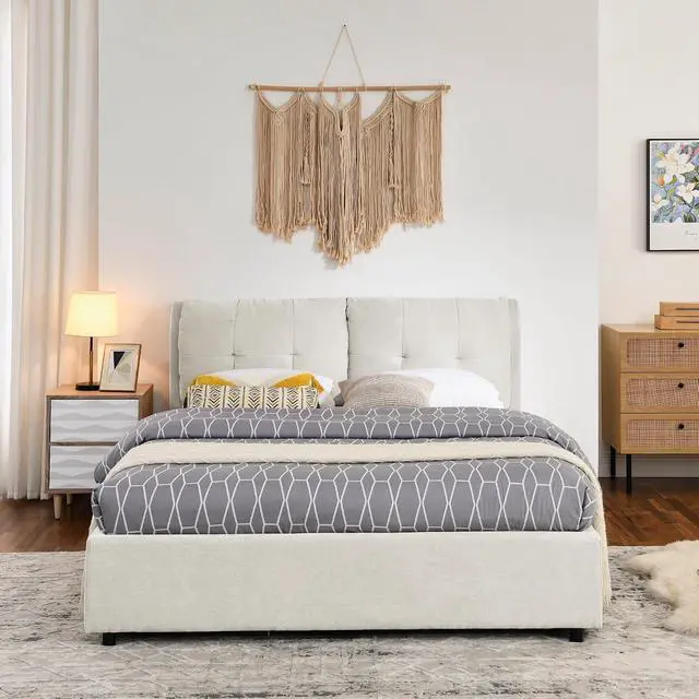 Alt view image 5 of 7 - Queen Lift Up Storage Bed Frame, Chenille Upholstered Hydraulic Bed with Tufted Headboard, Soft Platform Cloud Bed with Storage Underneath, Strong Wooden Slats Support, Beige