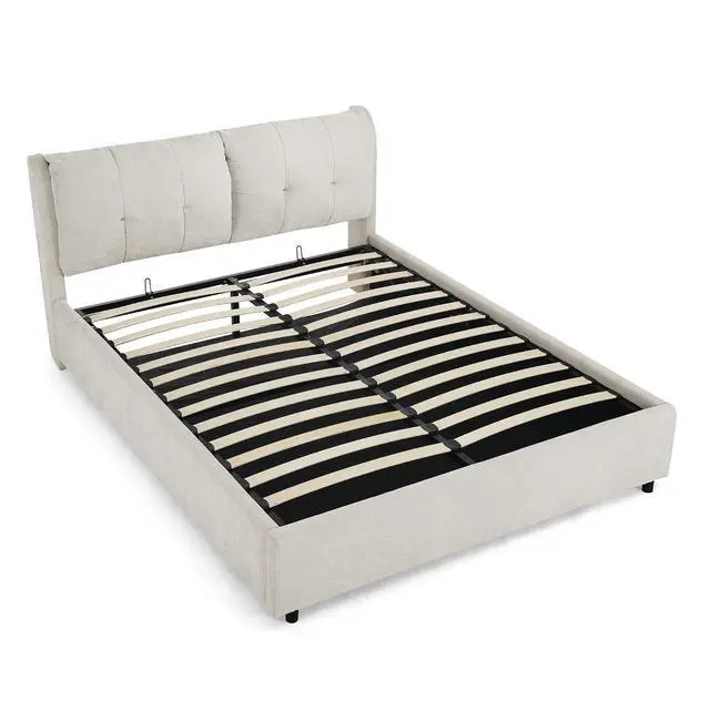 Alt view image 7 of 7 - Queen Lift Up Storage Bed Frame, Chenille Upholstered Hydraulic Bed with Tufted Headboard, Soft Platform Cloud Bed with Storage Underneath, Strong Wooden Slats Support, Beige