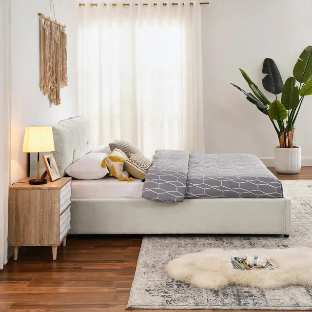 Alt view image 6 of 7 - Queen Lift Up Storage Bed Frame, Chenille Upholstered Hydraulic Bed with Tufted Headboard, Soft Platform Cloud Bed with Storage Underneath, Strong Wooden Slats Support, Beige