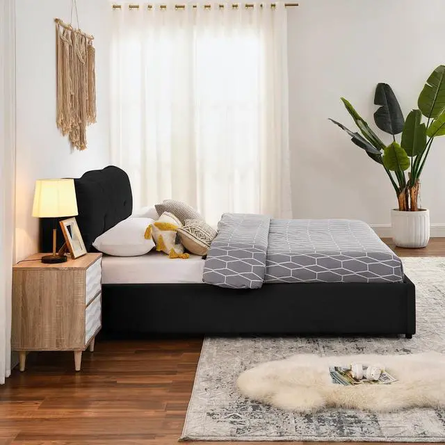 Alt view image 5 of 7 - Queen Lift Up Storage Bed Frame, Chenille Upholstered Hydraulic Bed with Tufted Headboard, Soft Platform Cloud Bed with Storage Underneath, Strong Wooden Slats Support, Black