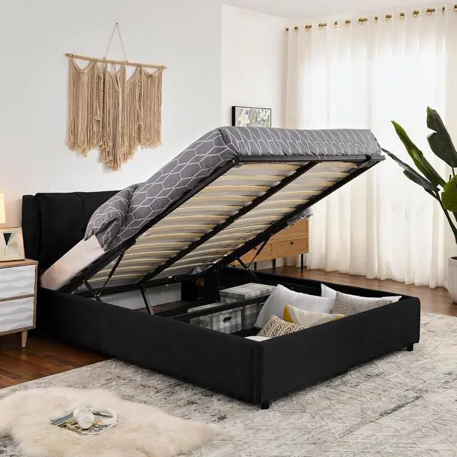 Alt view image 4 of 7 - Queen Lift Up Storage Bed Frame, Chenille Upholstered Hydraulic Bed with Tufted Headboard, Soft Platform Cloud Bed with Storage Underneath, Strong Wooden Slats Support, Black