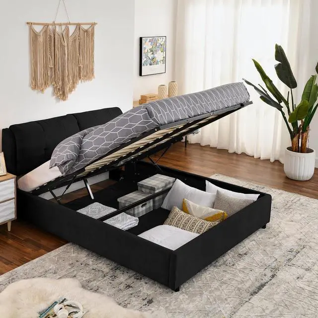 Main image of Queen Lift Up Storage Bed Frame, Chenille Upholstered Hydraulic Bed with Tufted Headboard, Soft Platform Cloud Bed with Storage Underneath, Strong Wooden Slats Support, Black