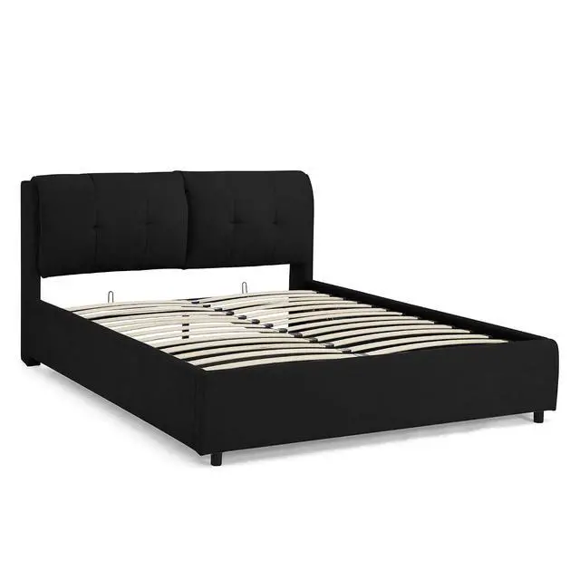 Alt view image 7 of 7 - Queen Lift Up Storage Bed Frame, Chenille Upholstered Hydraulic Bed with Tufted Headboard, Soft Platform Cloud Bed with Storage Underneath, Strong Wooden Slats Support, Black