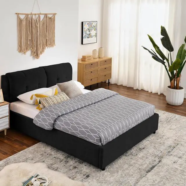 Alt view image 3 of 7 - Queen Lift Up Storage Bed Frame, Chenille Upholstered Hydraulic Bed with Tufted Headboard, Soft Platform Cloud Bed with Storage Underneath, Strong Wooden Slats Support, Black