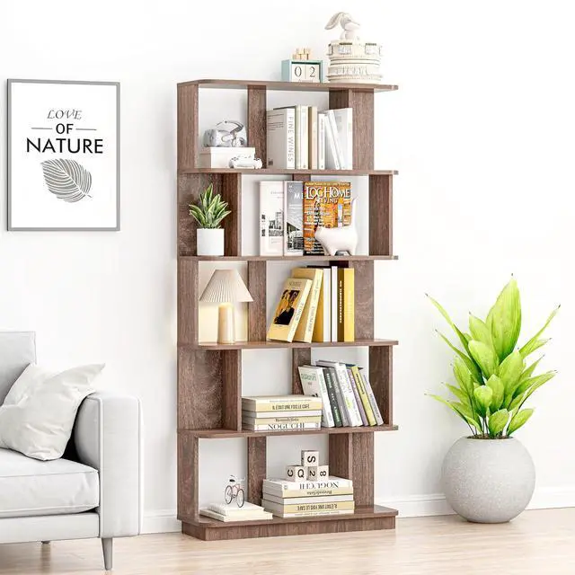 Alt view image 3 of 7 - 5 Tier Bookshelf with Side Panels, 64.56" Wooden Bookcase with Round Edge, Open Storage Display Shelving for Living Room Home Office Bedroom Decor Organizer, Media Storage Shelves, Dark Brown