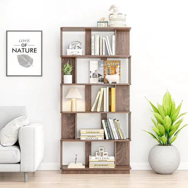 Alt view image 4 of 7 - 5 Tier Bookshelf with Side Panels, 64.56" Wooden Bookcase with Round Edge, Open Storage Display Shelving for Living Room Home Office Bedroom Decor Organizer, Media Storage Shelves, Dark Brown