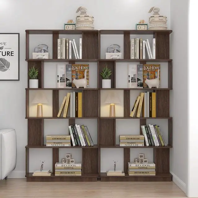 Alt view image 5 of 7 - 5 Tier Bookshelf with Side Panels, 64.56" Wooden Bookcase with Round Edge, Open Storage Display Shelving for Living Room Home Office Bedroom Decor Organizer, Media Storage Shelves, Dark Brown