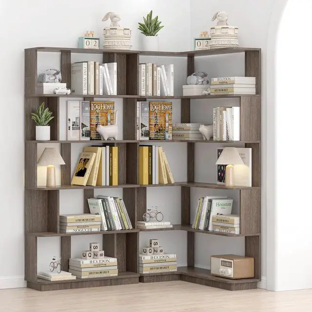 Alt view image 7 of 7 - 5 Tier Bookshelf with Side Panels, 64.56" Wooden Bookcase with Round Edge, Open Storage Display Shelving for Living Room Home Office Bedroom Decor Organizer, Media Storage Shelves, Dark Brown