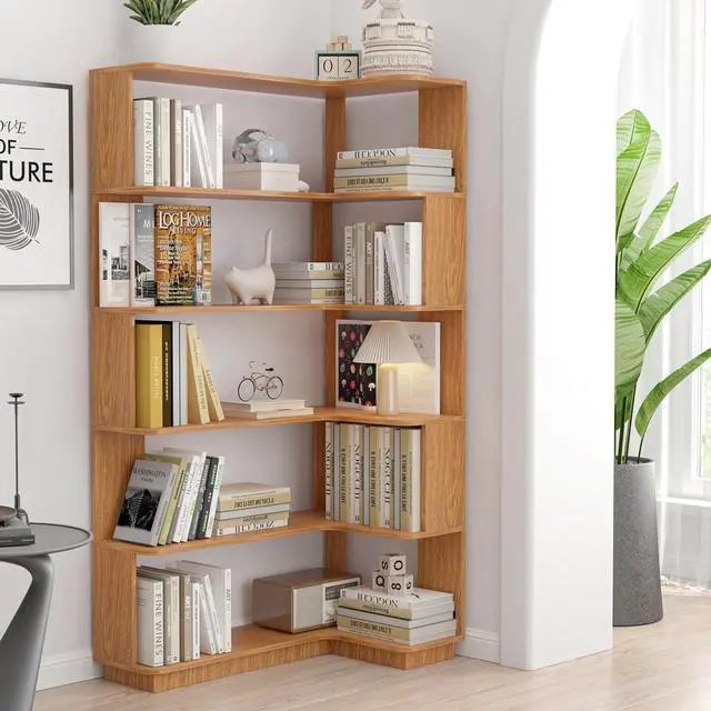 Main image of 5 Tier Corner Bookshelf with Side Panels, 64.56" L Shaped Wood Bookcase with Round Edge, Right Corner Display Shelving for Living Room Office Bedroom Decor Organizer, Media Storage Shelves, Dark Oak