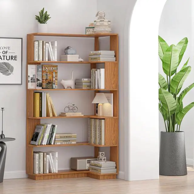 Alt view image 3 of 7 - 5 Tier Corner Bookshelf with Side Panels, 64.56" L Shaped Wood Bookcase with Round Edge, Right Corner Display Shelving for Living Room Office Bedroom Decor Organizer, Media Storage Shelves, Dark Oak