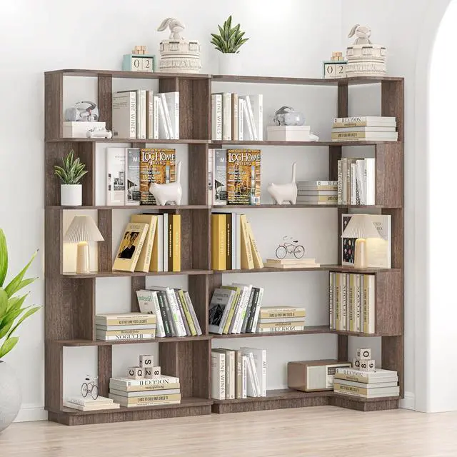 Alt view image 6 of 7 - 5 Tier Bookshelf with Side Panels, 64.56" Wooden Bookcase with Round Edge, Open Storage Display Shelving for Living Room Home Office Bedroom Decor Organizer, Media Storage Shelves, Dark Brown