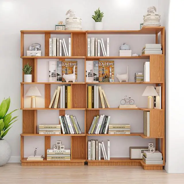 Alt view image 5 of 7 - 5 Tier Corner Bookshelf with Side Panels, 64.56" L Shaped Wood Bookcase with Round Edge, Right Corner Display Shelving for Living Room Office Bedroom Decor Organizer, Media Storage Shelves, Dark Oak