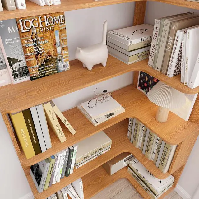 Alt view image 6 of 7 - 5 Tier Corner Bookshelf with Side Panels, 64.56" L Shaped Wood Bookcase with Round Edge, Right Corner Display Shelving for Living Room Office Bedroom Decor Organizer, Media Storage Shelves, Dark Oak