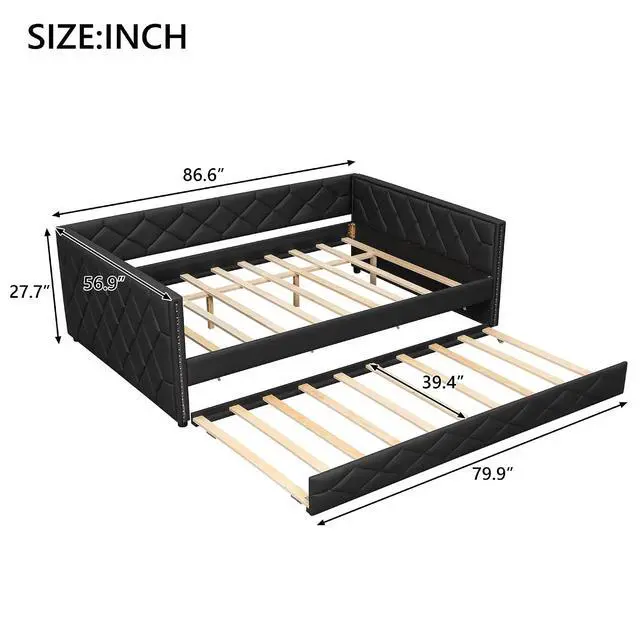 Alt view image 2 of 7 - PU Upholstered Trundle Bed Full XL, Button Tufted Daybed with Trundle and LED, Space-Saving Mid-Century Corner Beds for Kids Teens Adult Bedroom & Guestroom, Study Room, Eesy to Clean, Brown