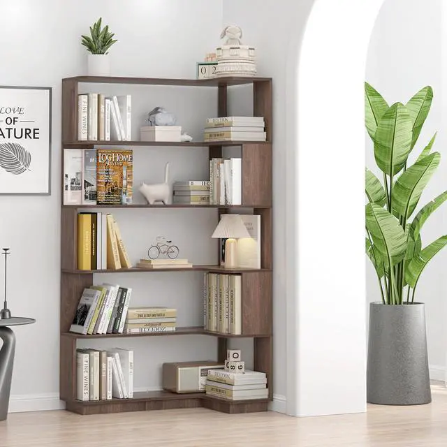 Alt view image 3 of 7 - 5 Tier Corner Bookshelf with Side Panels, 64.56" L Shaped Wood Bookcase with Round Edge, Right Corner Display Shelving for Living Room Office Bedroom Decor Organizer, Media Storage Shelves, Dark Brown