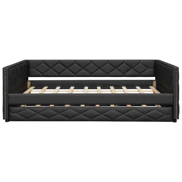 Alt view image 5 of 7 - PU Upholstered Trundle Bed Full XL, Button Tufted Daybed with Trundle and LED, Space-Saving Mid-Century Corner Beds for Kids Teens Adult Bedroom & Guestroom, Study Room, Eesy to Clean, Brown