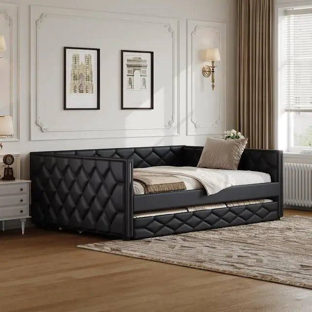 Alt view image 3 of 7 - PU Upholstered Trundle Bed Full XL, Button Tufted Daybed with Trundle and LED, Space-Saving Mid-Century Corner Beds for Kids Teens Adult Bedroom & Guestroom, Study Room, Eesy to Clean, Brown