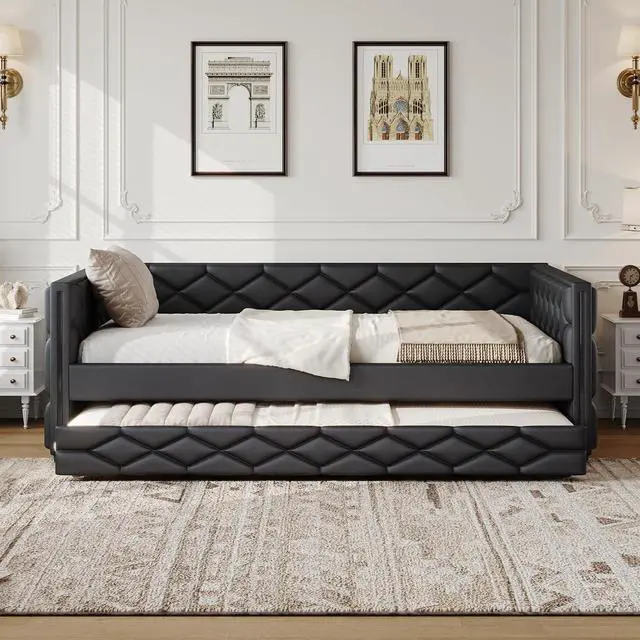 Alt view image 4 of 7 - PU Upholstered Trundle Bed Full XL, Button Tufted Daybed with Trundle and LED, Space-Saving Mid-Century Corner Beds for Kids Teens Adult Bedroom & Guestroom, Study Room, Eesy to Clean, Brown