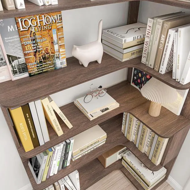 Alt view image 5 of 7 - 5 Tier Corner Bookshelf with Side Panels, 64.56" L Shaped Wood Bookcase with Round Edge, Right Corner Display Shelving for Living Room Office Bedroom Decor Organizer, Media Storage Shelves, Dark Brown